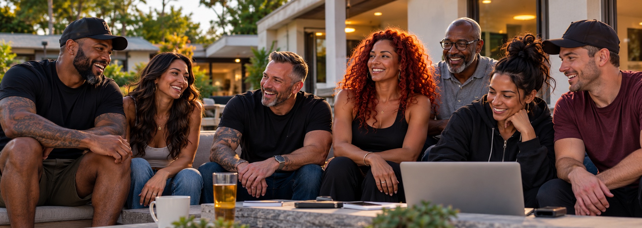Seven Club members laughing together on a patio at golden hour