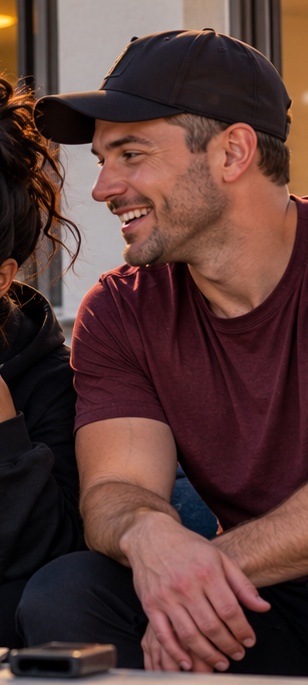 Jason in a black cap, smiling as he talks with the group