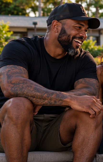 Marcus in a black cap, laughing with the group outside at golden hour