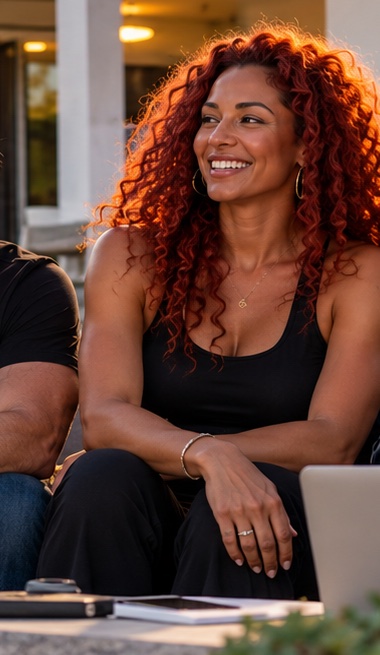 Maria, with long red curls, smiling at golden hour