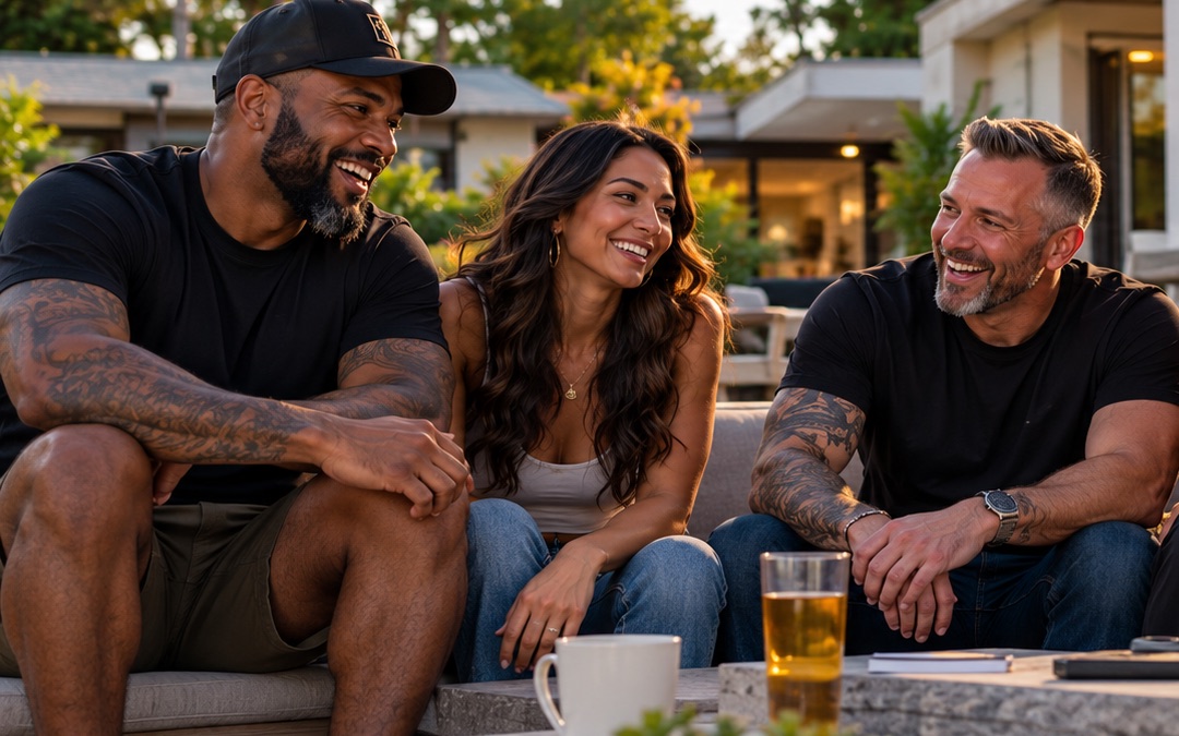 Club members laughing together around a laptop on the patio